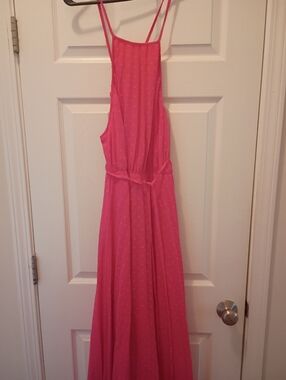 Ladies Bright Pink Maxi Dress with Spaghetti Straps & Pleated Skirt (12)
